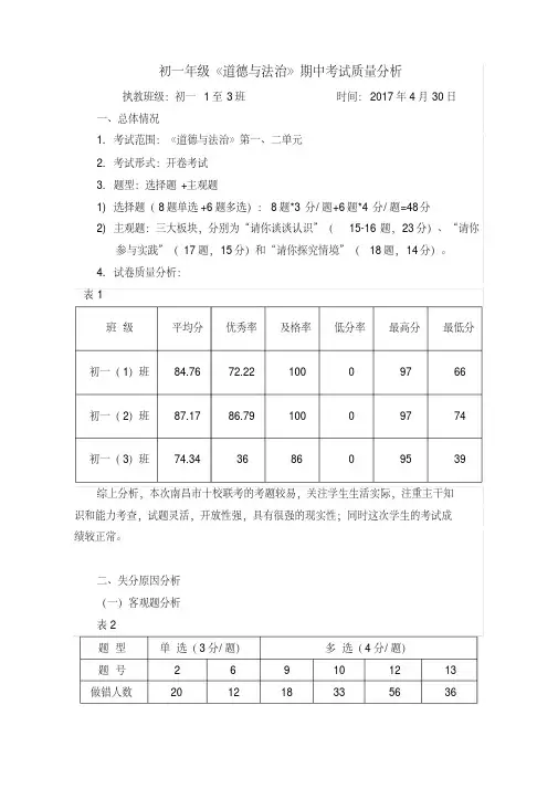 完整word版,《道德与法治》期中考试质量分析