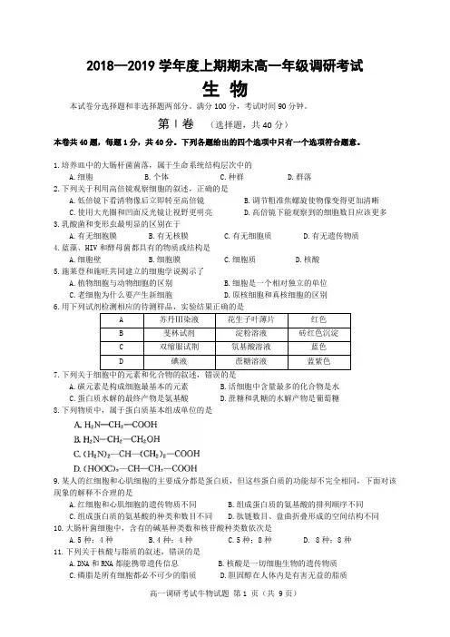 成都市2018～2019学年度上期期末学业质量监测-高一生物