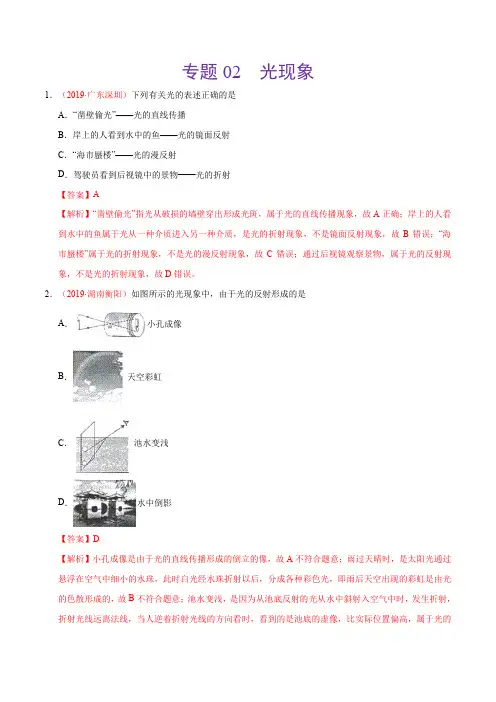 专题02 光现象(第02期)-2019年中考真题物理分类汇编(解析版)