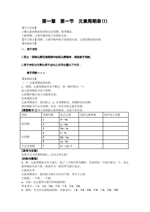 高中化学(新人教版,必修二)导学案《元素周期表》