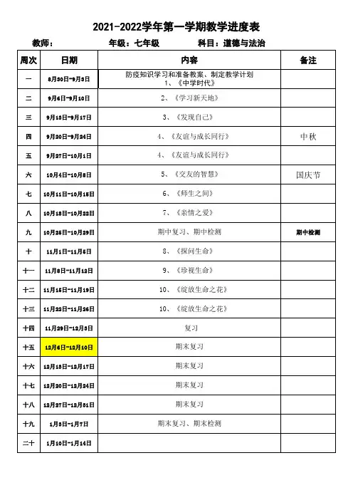 2021-2022学年度七年级上道德与法治进度表