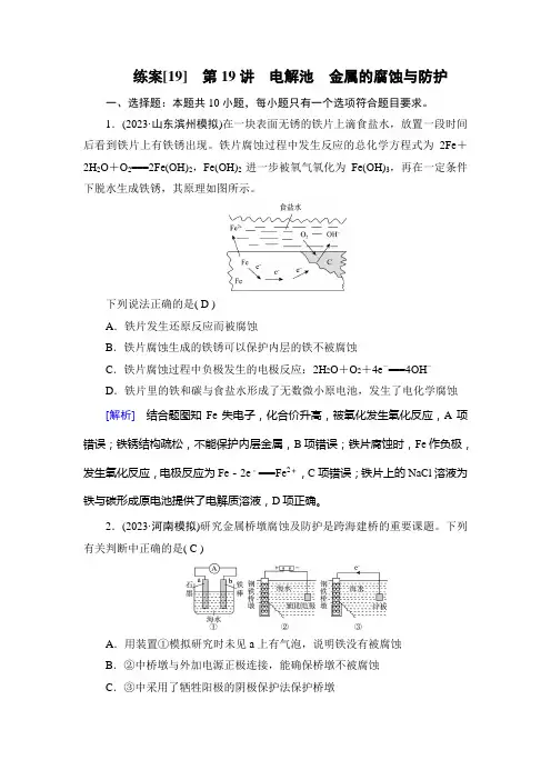 2024年高考化学一轮复习考点培优训练第19讲电解池、金属的腐蚀与防护