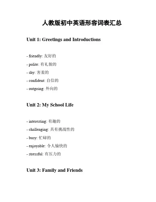 人教版初中英语形容词表汇总