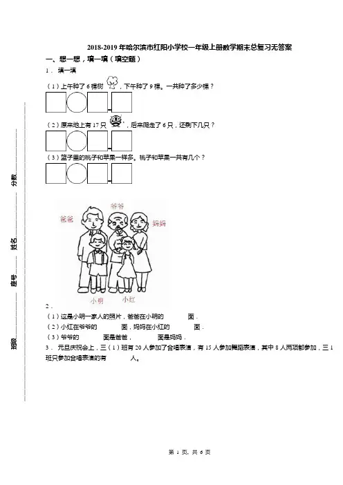 2018-2019年哈尔滨市红阳小学校一年级上册数学期末总复习无答案