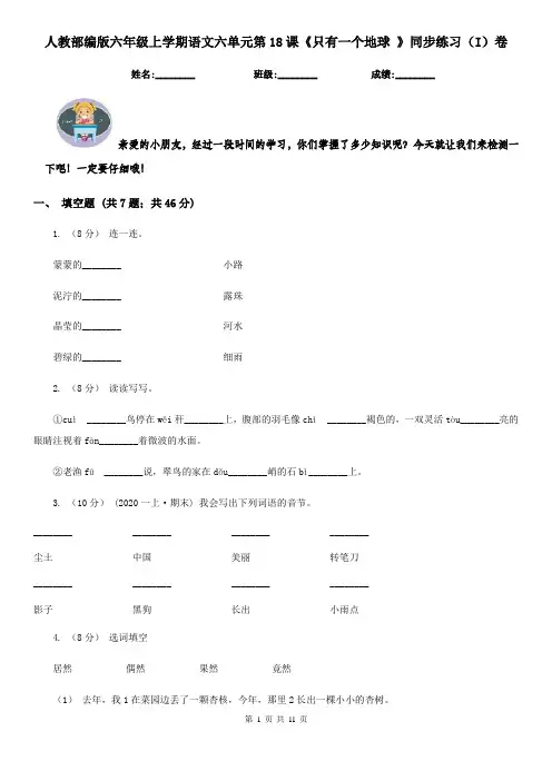 人教部编版六年级上学期语文六单元第18课《只有一个地球 》同步练习(I)卷