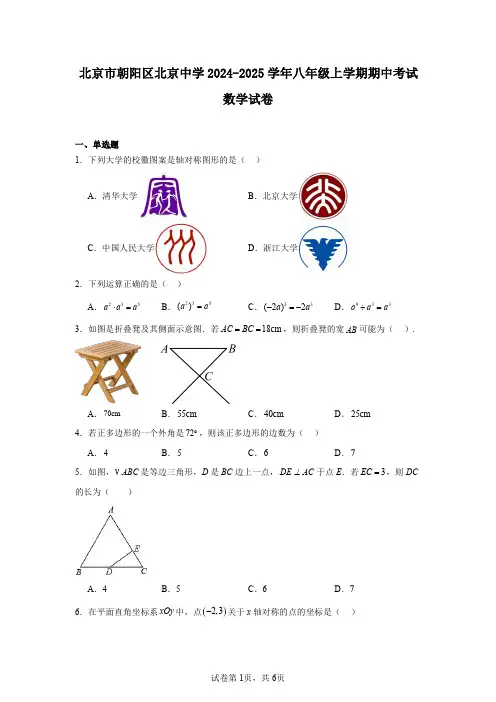北京市朝阳区北京中学2024-2025学年八年级上学期期中考试数学试卷