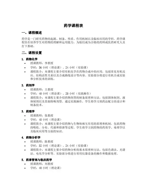 药学课程表 2