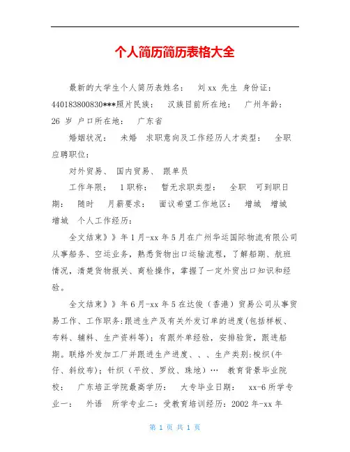 个人简历简历表格大全