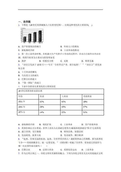 【易错题】中考九年级历史上第七单元工业革命和国际共产主义运动的兴起模拟试题带答案