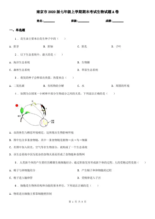 南京市2020版七年级上学期期末考试生物试题A卷-1