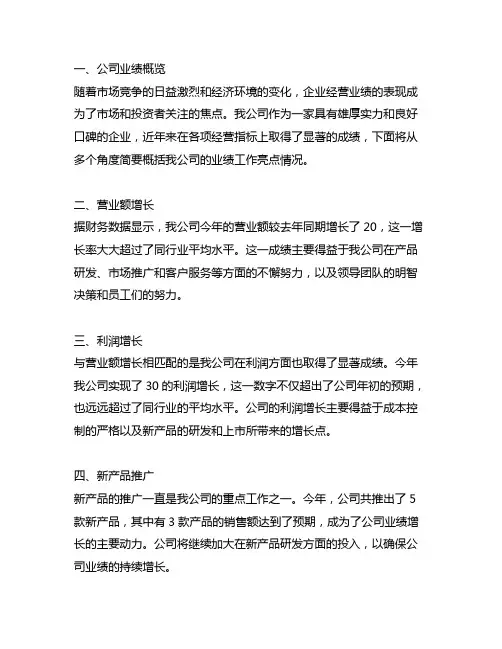 公司主要经营业绩工作亮点情况简述