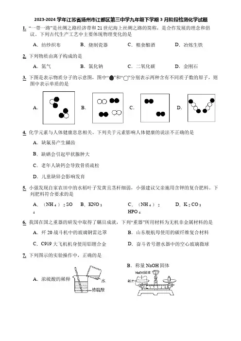 2023-2024学年江苏省扬州市江都区第三中学九年级下学期3月阶段检测化学试题