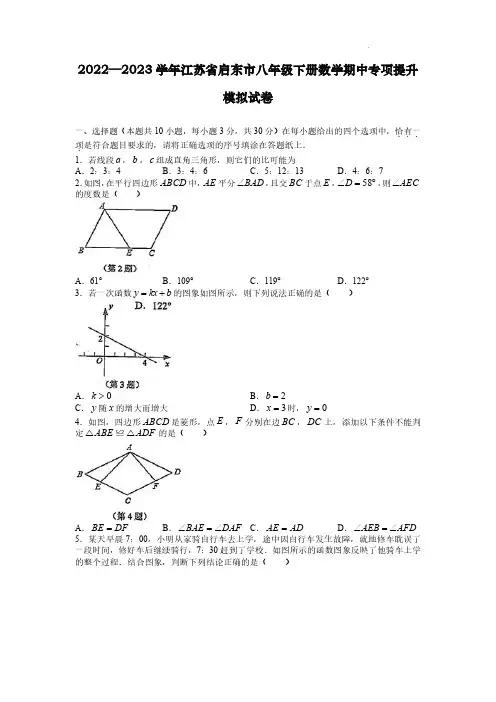 2022—2023学年江苏省启东市八年级下册数学期中专项提升模拟试卷(含解析)
