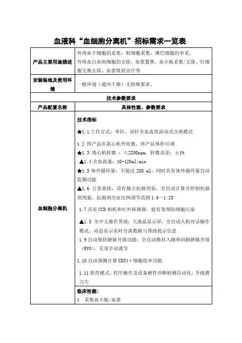 血液科血细胞分离机招标需求一览表