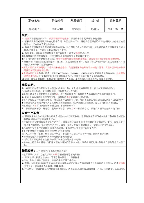 营销部部长岗位职责