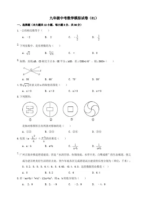 九年级中考数学模拟试卷(01)