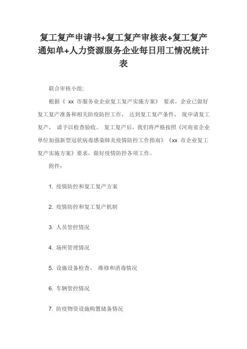 复工复产申请书+复工复产审核表+复工复产通知单