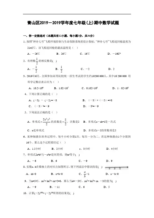 青山区2018-2019学年七年级(上)期中数学试题