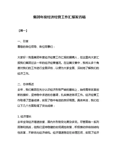 集团年度经济经营工作汇报发言稿