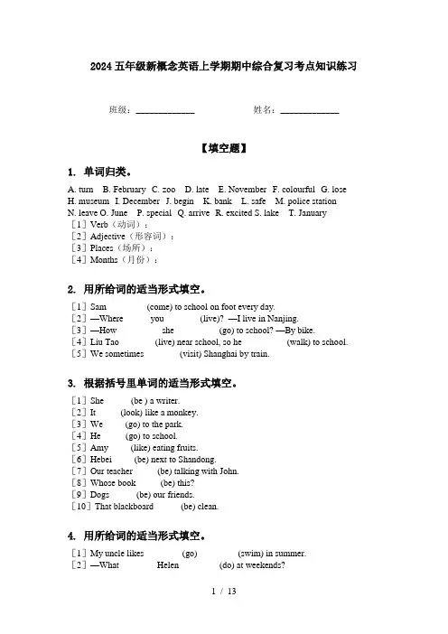 2024五年级新概念英语上学期期中综合复习考点知识练习