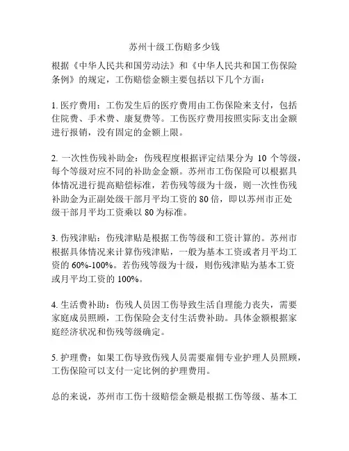 苏州十级工伤赔多少钱
