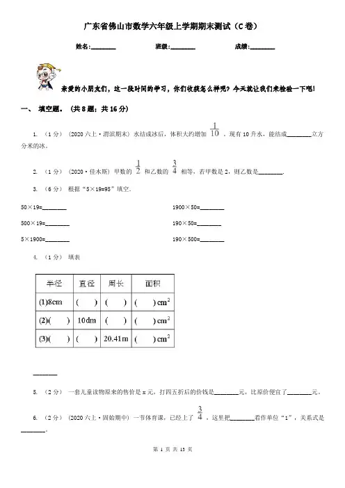 广东省佛山市数学六年级上学期期末测试(C卷)