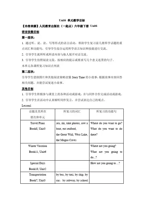 【人教版(新起点)】小学英语六年级下册优秀教案：Unit 6《Summer Vacation》单元教学目标