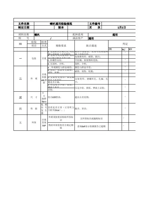 电子行业IQC标准：喇叭(蜂鸣器)通用检验规范