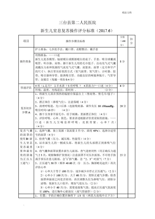 新生儿窒息复苏操作评分标准