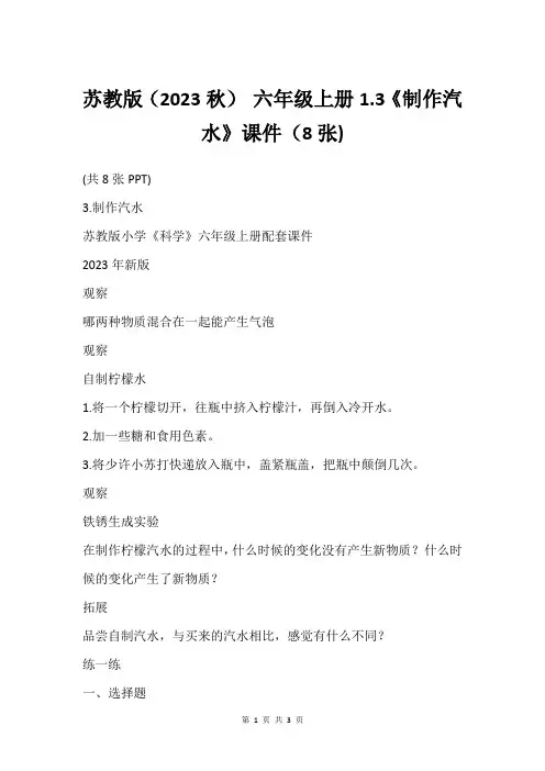 苏教版(2023秋) 六年级上册1.3《制作汽水》课件(8张)