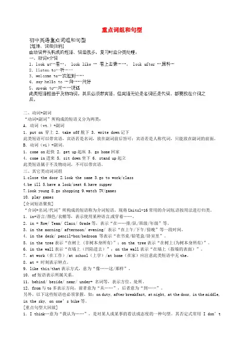 江西省吉安县凤凰中学初中英语语法复习 重点词组和句型