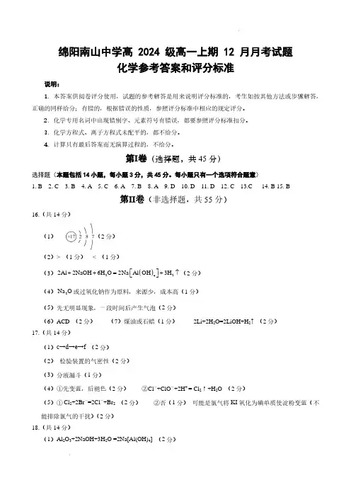 四川绵阳南山中学2024年高一12月月考化学答案