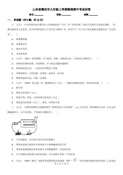 山东省潍坊市九年级上学期物理期中考试试卷