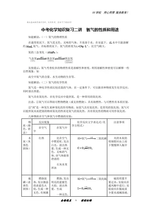 中考化学知识复习第2讲：氧气的性质和用途
