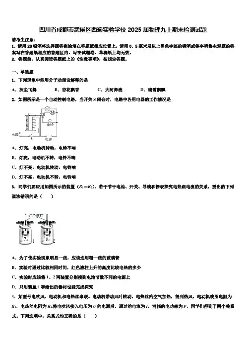 四川省成都市武侯区西蜀实验学校2025届物理九上期末检测试题含解析
