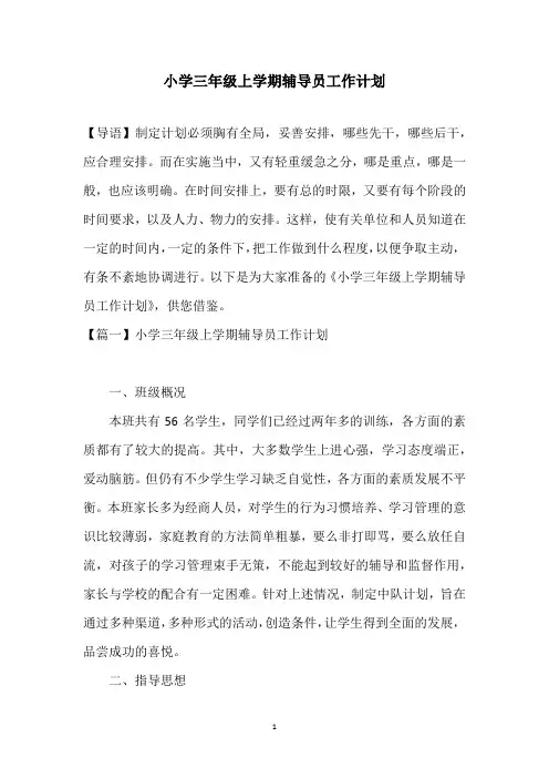 2021小学三年级上学期辅导员工作计划