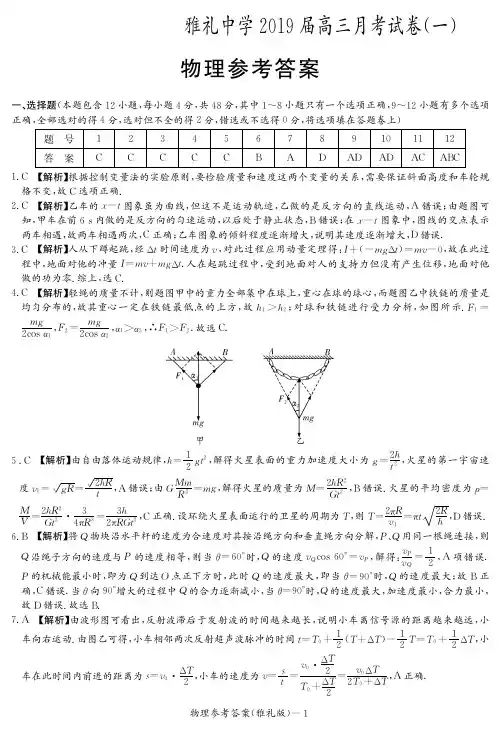 湖南省长沙市雅礼中学2019届高三上学期月考(一)物理试题答案