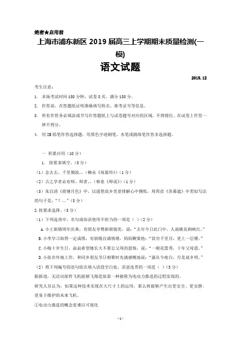上海市浦东新区2019届高三一模考试语文试卷+Word版含答案