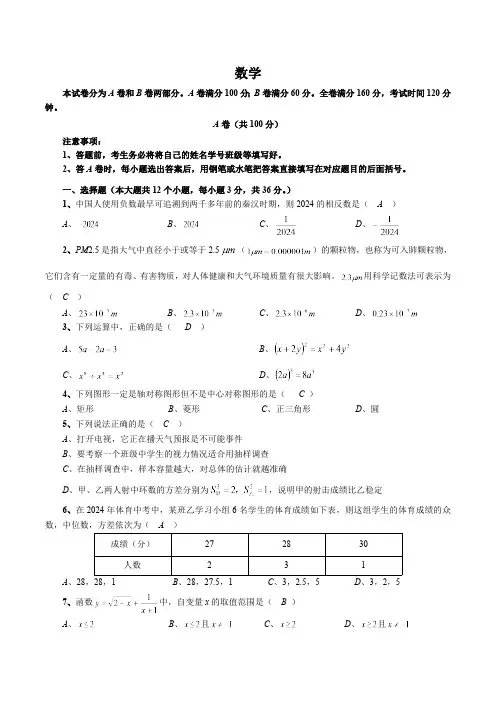 四川省隆昌市第一中学2024届九年级下学期第一次月考数学试卷(含答案)