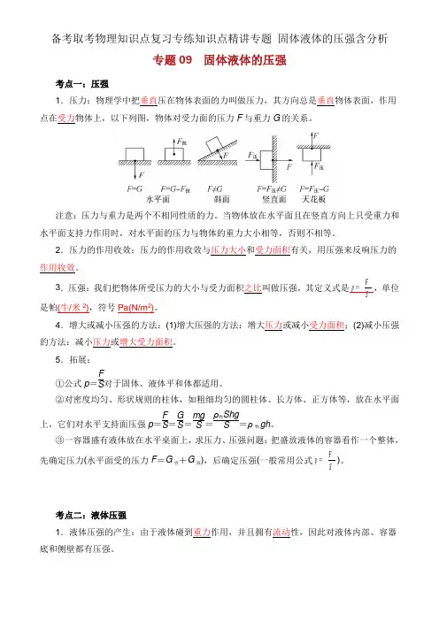 备考中考物理知识点复习专练知识点精讲专题 固体液体的压强含解析