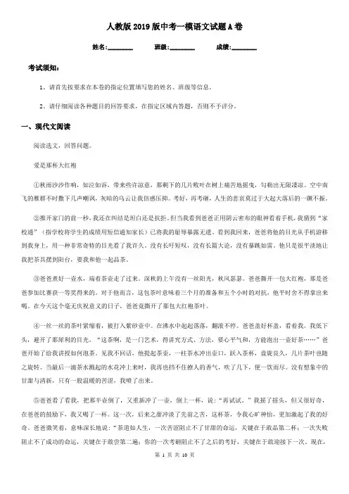 人教版2019版中考一模语文试题A卷