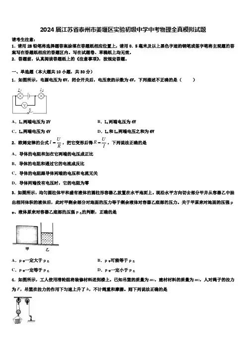 2024届江苏省泰州市姜堰区实验初级中学中考物理全真模拟试题含解析