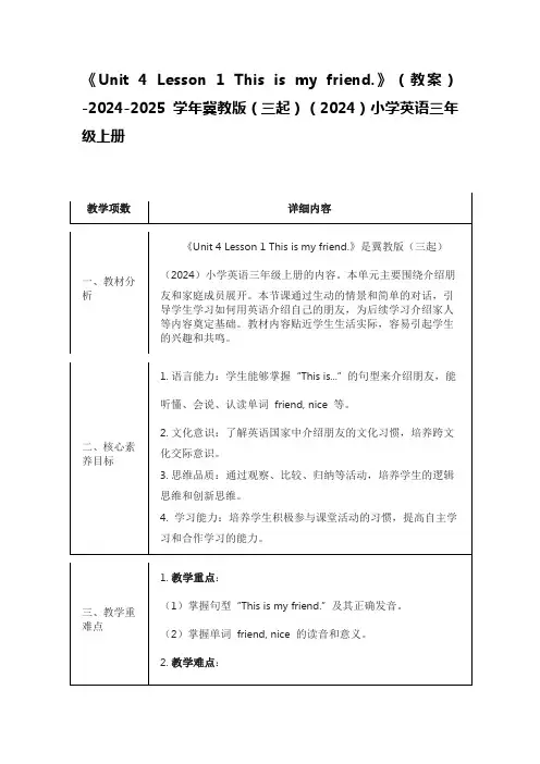 《 Unit 4 Lesson 1 This is my friend》教案冀版三起2024英语三上