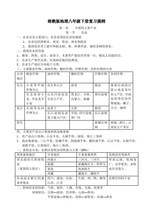 湘教版八年级下册地理复习提纲