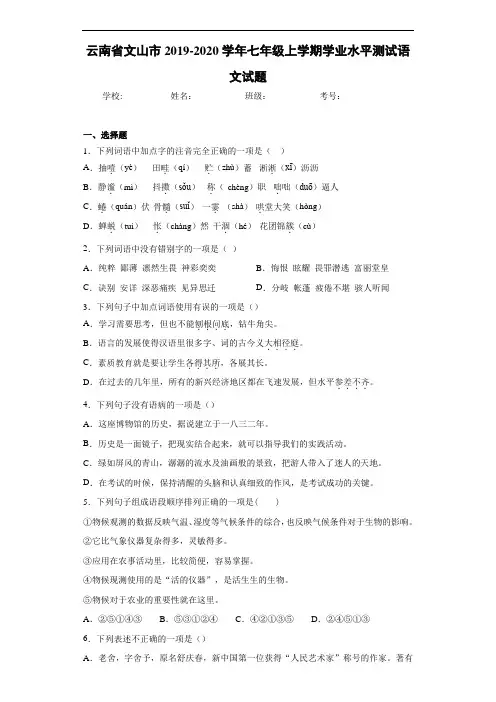 云南省文山市2019~2020学年七年级上学期学业水平测试语文试题