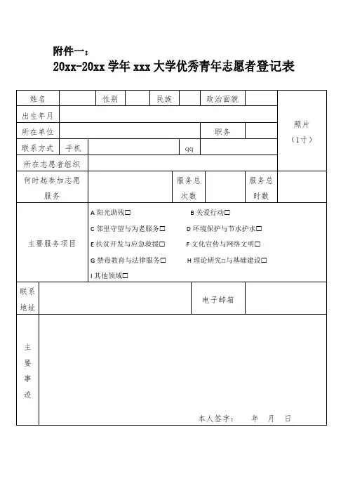 优秀青年志愿者登记表