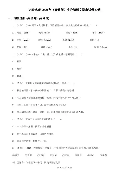 六盘水市2020年(春秋版)小升初语文期末试卷A卷精编