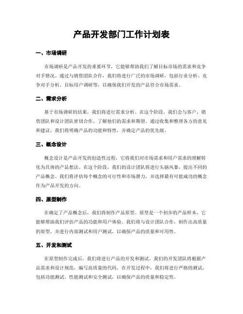 产品开发部门工作计划表