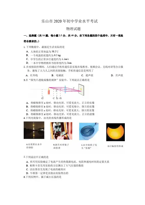 四川省乐山市2020年中考物理试题(word版,含答案 )