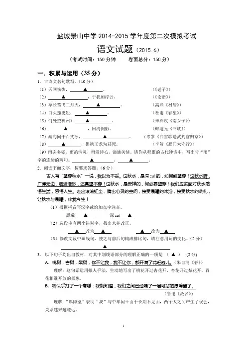 盐城景山中学2015届中考语文模拟试卷及答案